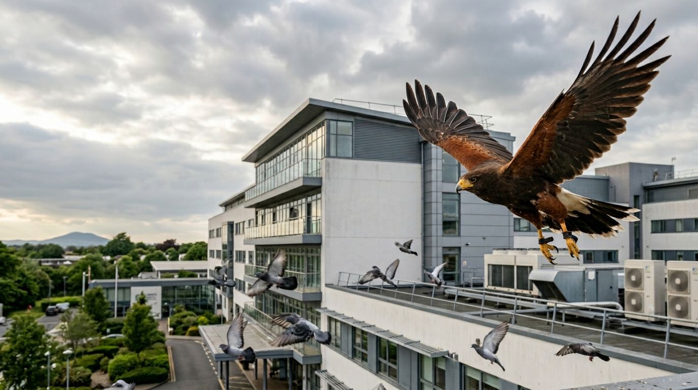 Harris Hawk in flight dispersing pigeons from a commercial Irish building