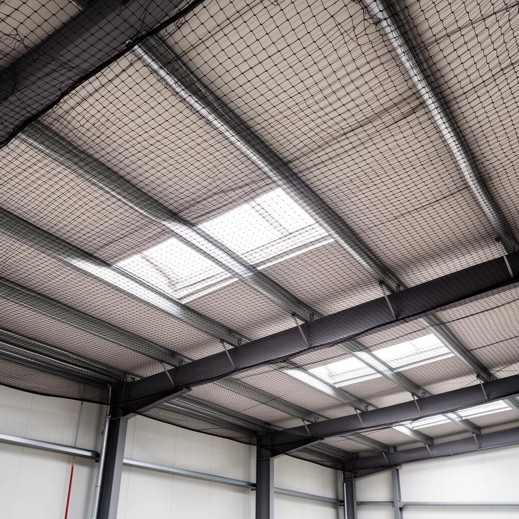 Professionally installed bird netting in a Wexford warehouse
