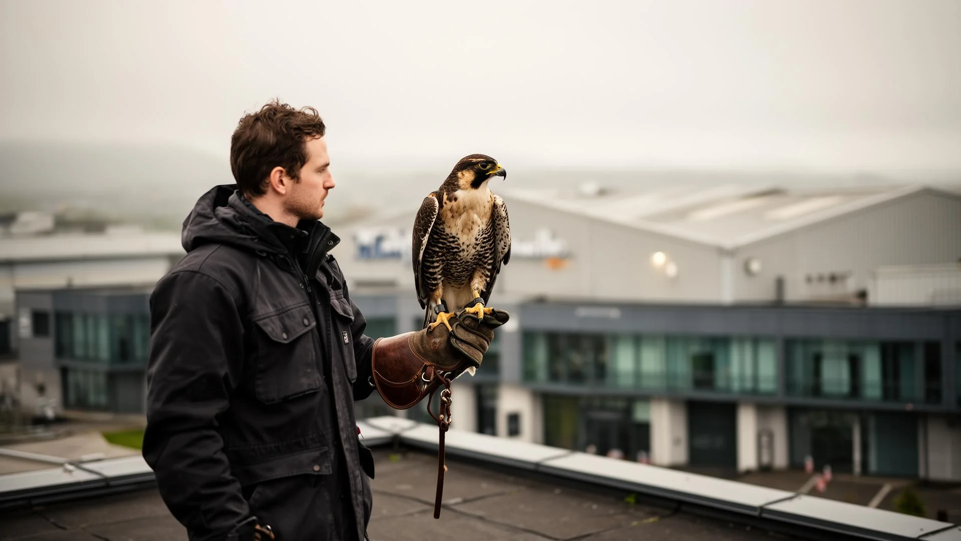 Licensed Irish falconer with Harris Hawk on a commercial rooftop